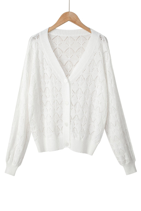 Crochet Knit V-Neck Button Front Long Sleeve Lightweight Cardigan Sweater